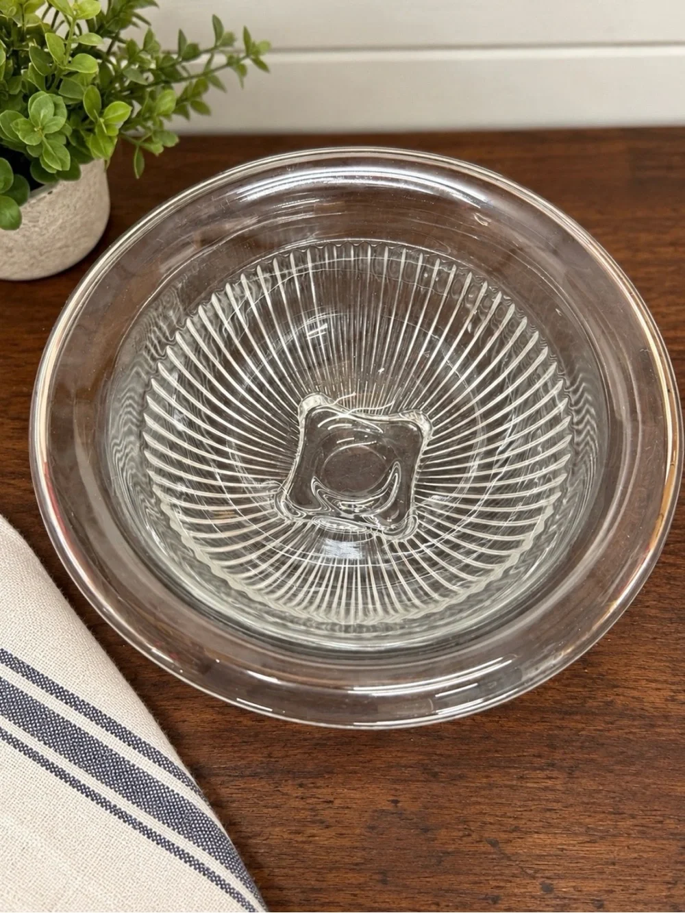 Vintage Clear Ribbed Glass Serving Bowl Flared Rim Square Foot 9.5” Centerpiece